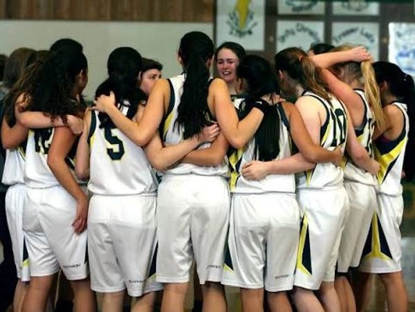 Girls' basketball team huddling together.