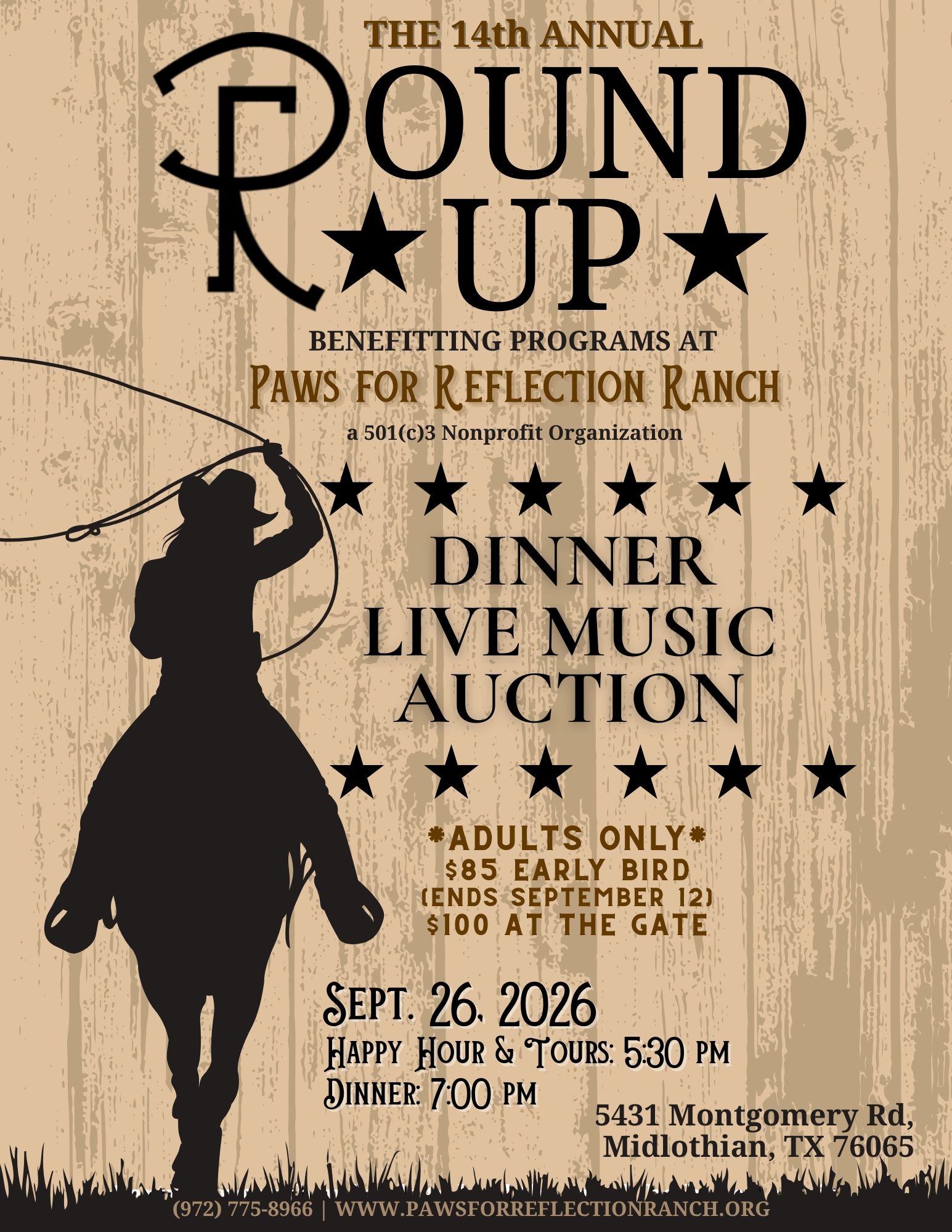 Poster for the 14th Annual Round Up benefiting Paws for Reflection Ranch with dinner, live music, and auction.