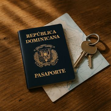 Dominican Republic passport and key laying on a table with a document underneath. 