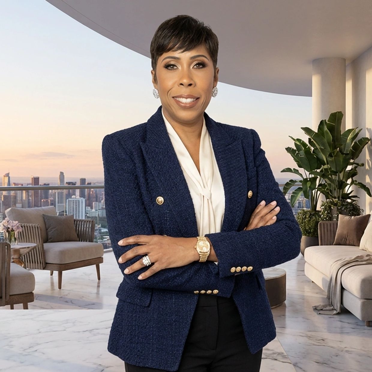 Confident woman standing on a modern balcony with city skyline at sunset.