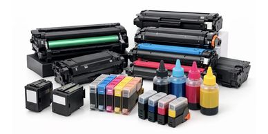 Various printer ink cartridges and toner bottles arranged together.