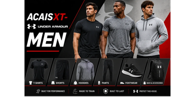 Under Armour men's activewear featuring tees, shorts, hoodies, pants, and footwear.