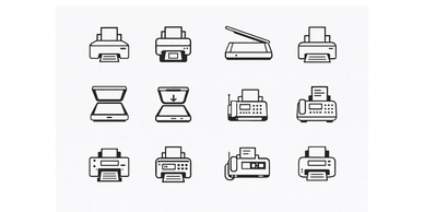 Line icons of printers, scanners, and fax machines in black and white.