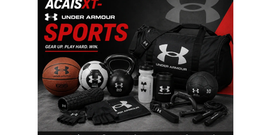 Under Armour sports gear set including basketball, kettlebell, gloves, and more.