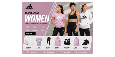 Adidas women's activewear collection featuring tops, bottoms, and accessories.
