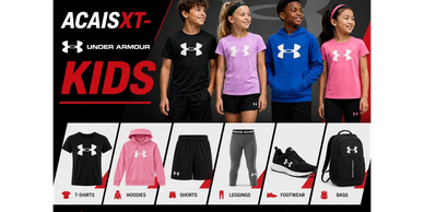 Under Armour kids' activewear including shirts, hoodies, shorts, leggings, footwear, and bags.