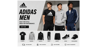Adidas men's sportswear collection with various clothing and accessories.