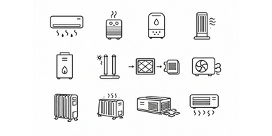Icons depicting various heating and cooling appliances and systems.