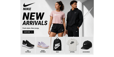 Nike advertisement showcasing new arrivals in footwear, bags, apparel, and accessories.