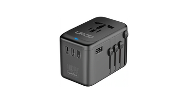 Universal travel adapter with multiple USB ports and international plug options.