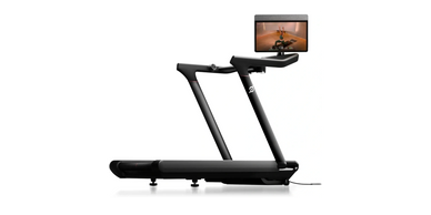 A sleek black treadmill with a built-in tablet displaying a workout video.
