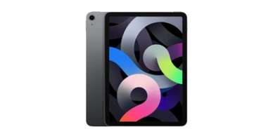 Sleek black tablet with colorful abstract display, shown front and back.