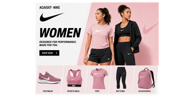 Nike women's sportswear collection featuring footwear, bras, tops, bottoms, and accessories.