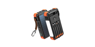 Portable solar power bank with multiple USB ports and rugged design.