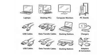 Illustrations of computer accessories including laptops, cables, docks, and adapters.