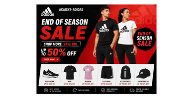 Adidas End of Season Sale up to 50% off on footwear, apparel, and accessories.