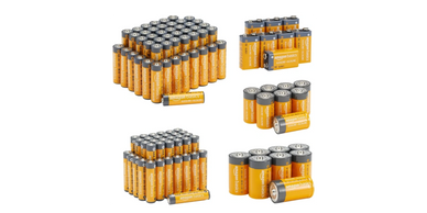 Various packs of AA batteries in different quantities with orange labels.