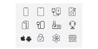 Icons representing mobile devices, charging, security, and apps.