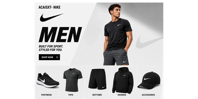 Nike men's sportswear collection featuring footwear, tops, bottoms, hoodies, and accessories.