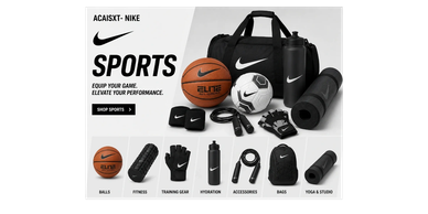 Nike sports gear including balls, fitness tools, and accessories for training and yoga.