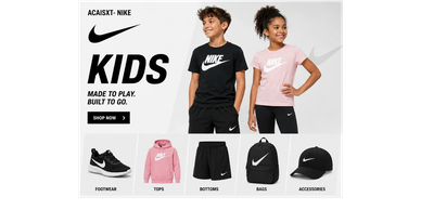 Nike kids' clothing and accessories collection with footwear, tops, bottoms, bags, and accessories.