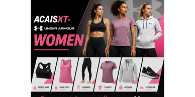 Under Armour women's activewear collection featuring sports bras, tank tops, leggings, T-shirts, hoodies, and footwear.