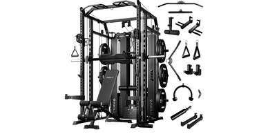 Black multi-functional home gym machine with various attachments for strength training.