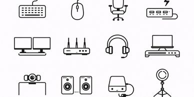 Line icons of various computer peripherals and accessories.