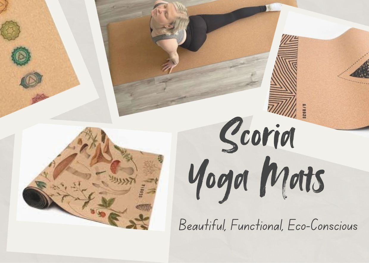 Scoria cork yoga mats. Designs include Standard, Chakras Alignment, Summit Peak, and Myco Forest.