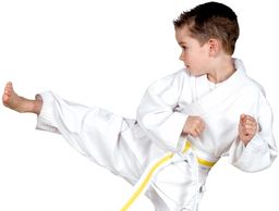 A little ninja yellow belt throwing a side kick