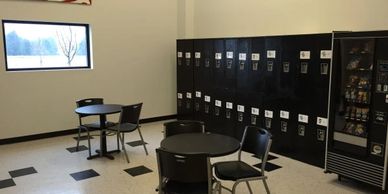 Leadership Martial Arts cafe area with lockers and snack machine