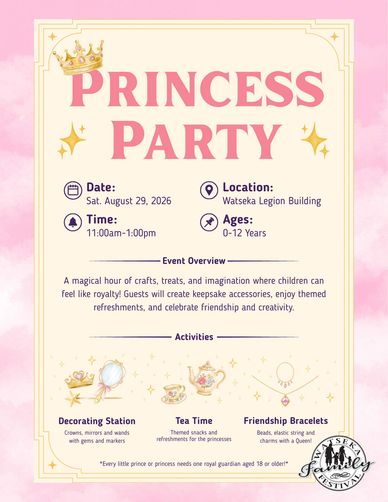 Princess Party invitation with date, location, and activities for kids.