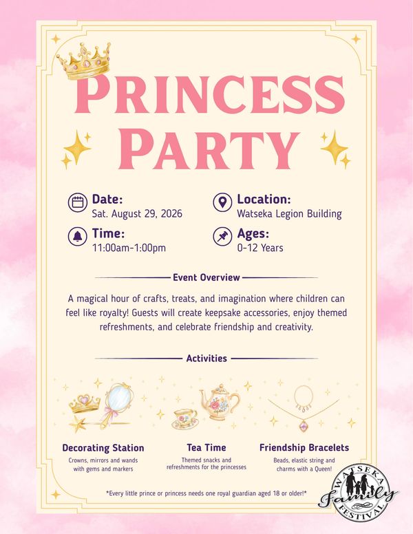 Princess Party invitation with date, location, and activities for kids.