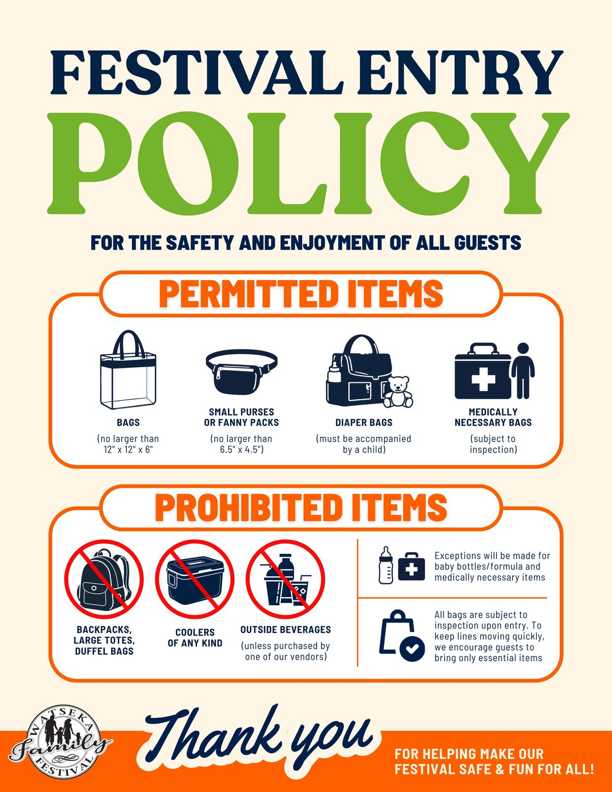 Festival entry policy with permitted and prohibited items listed.