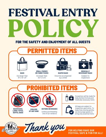 Festival entry policy with permitted and prohibited items listed.