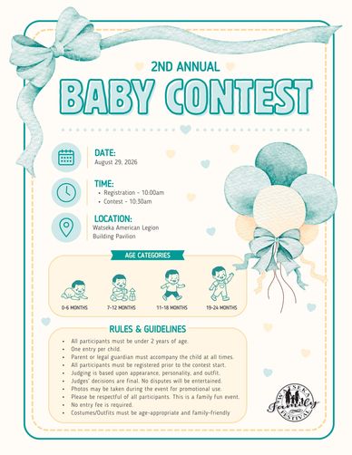 Invitation poster for the 2nd Annual Baby Contest on August 29, 2026.