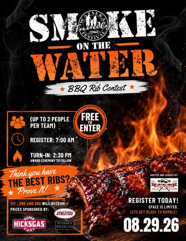 Advertisement for Smoke on the Water BBQ Rib Contest with registration details.