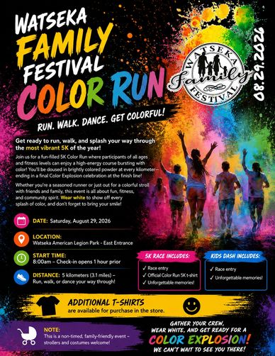Colorful family 5K run event with dancing and fun on August 29, 2026.