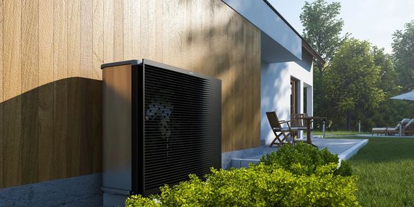 Modern heat pump unit installed outside a house with garden seating.