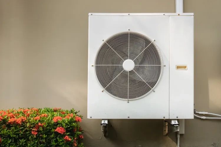 Outdoor air conditioning unit mounted on a beige wall next to green and red plants.