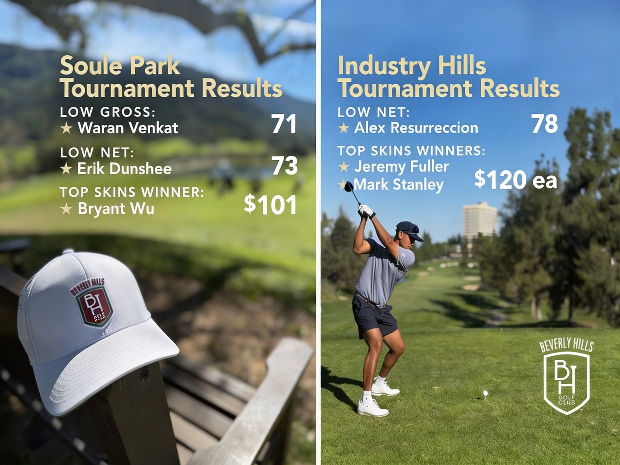 Golf tournament results for Soule Park and Industry Hills with winners and prizes.