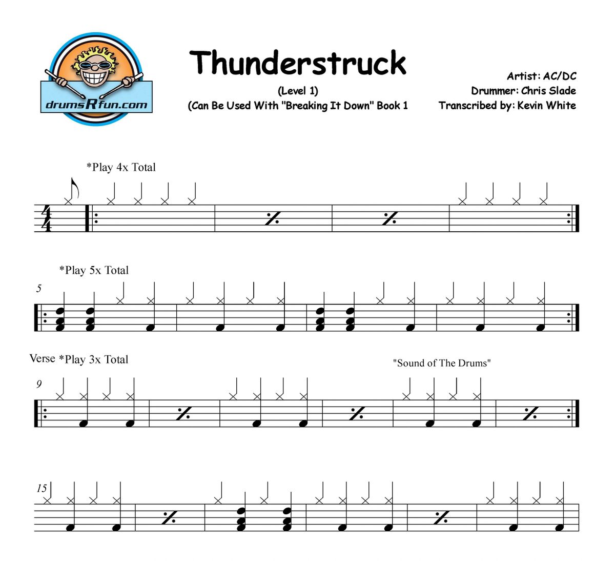 AC/DC, Thunderstruck Drum Transcription Level 1