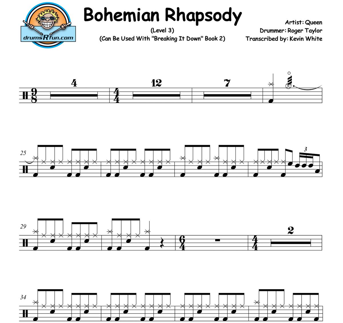 Queen, Bohemian Rhapsody Drum Transcription Level 3