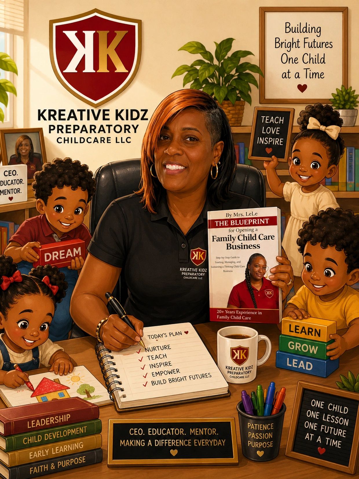 A woman and children at Kreative Kidz Preparatory Childcare, promoting nurturing and learning.