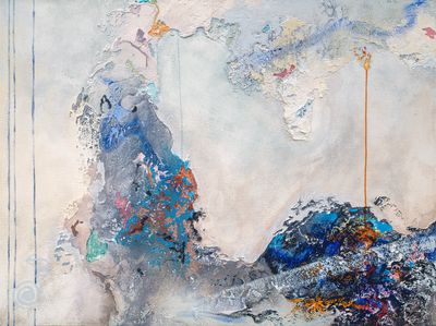 Abstract textured painting with blue, orange, and gray tones on a light background.