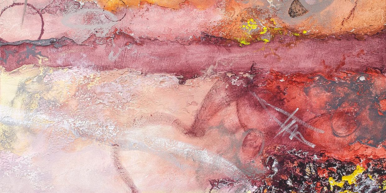 Vibrant contemporary mixed media abstract painting by artist Jesse Butterfield with warm tones and textured layers.