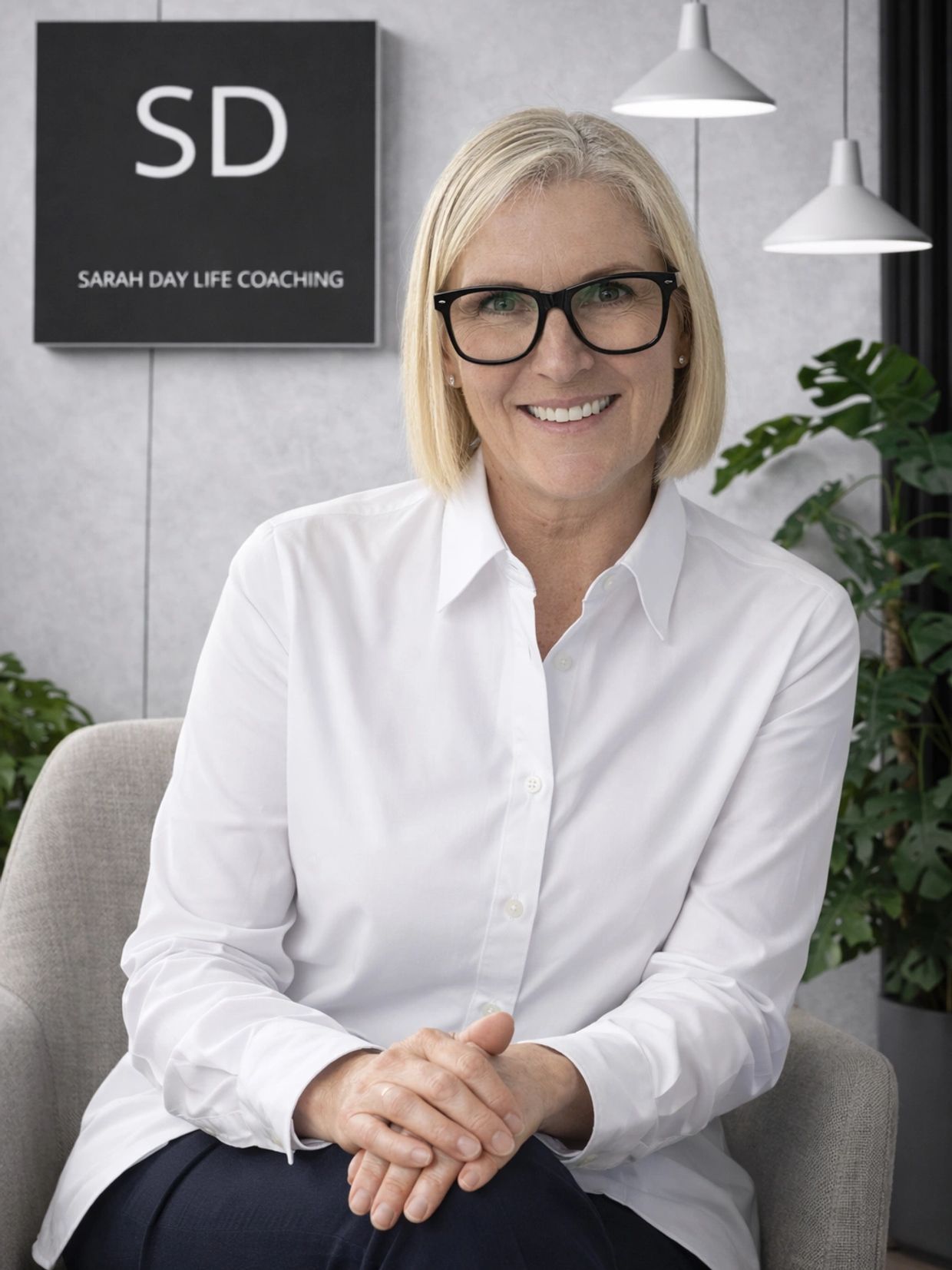 Smiling woman in glasses sitting in a modern office with a coaching sign behind her.