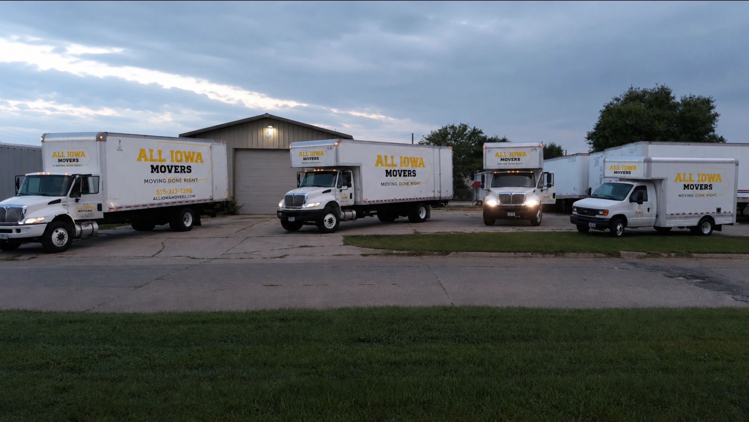 Four All Iowa Movers trucks parked outside a building at dusk.