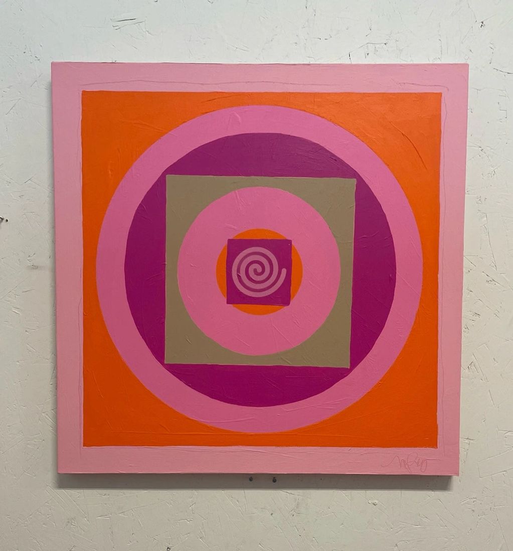 Abstract geometric painting with concentric circles and squares in pink, orange, and purple.