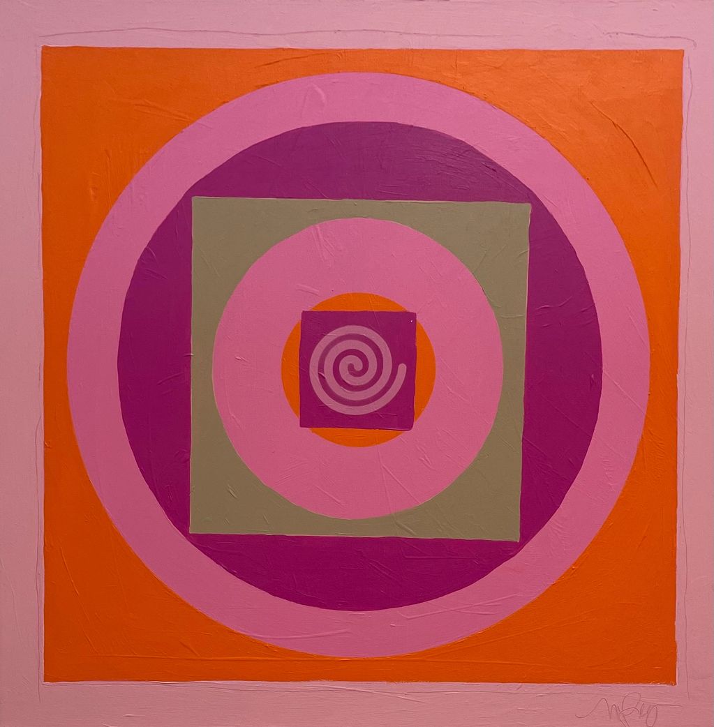 Abstract geometric artwork with concentric squares and circles in orange, pink, purple, and beige.
